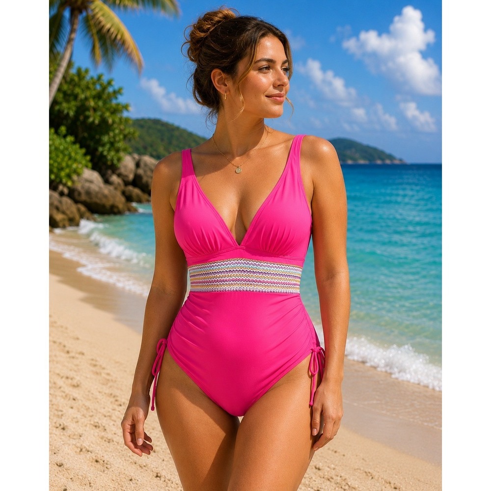Unbranded Women One Piece Swimsuit M Pink Metallic Waist Ruched Beach